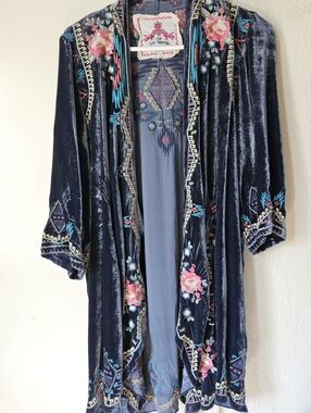 Johnny Was Navy Velvet Embroidered Kimono Coat with Pink Floral Accents